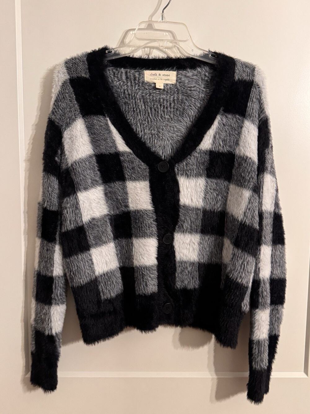 Cloth & Stone Fuzzy Cozy Cardigan Sz S Black-White Check Preppy Dark Academia